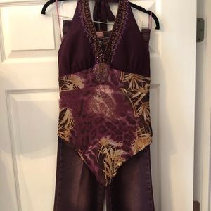 Denim Embellished Jeans w/Halter Top (Burgundy)